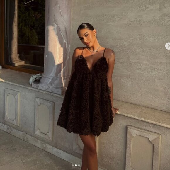 Zara Fluffy Voluminous Mini Dress NWT Chocolate Brown Size Large Blogger Fav - Picture 5 of 10